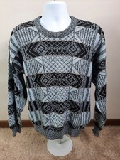 VTG Vintage 80s Men's Large Geometric Biggy Cosby Sweater Grannycore Blue/Black