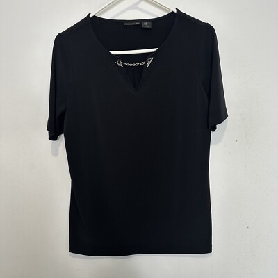 Tahari Womens Blouse Top Small Black Stretch Short Sleeve Key Hole Chain Neck