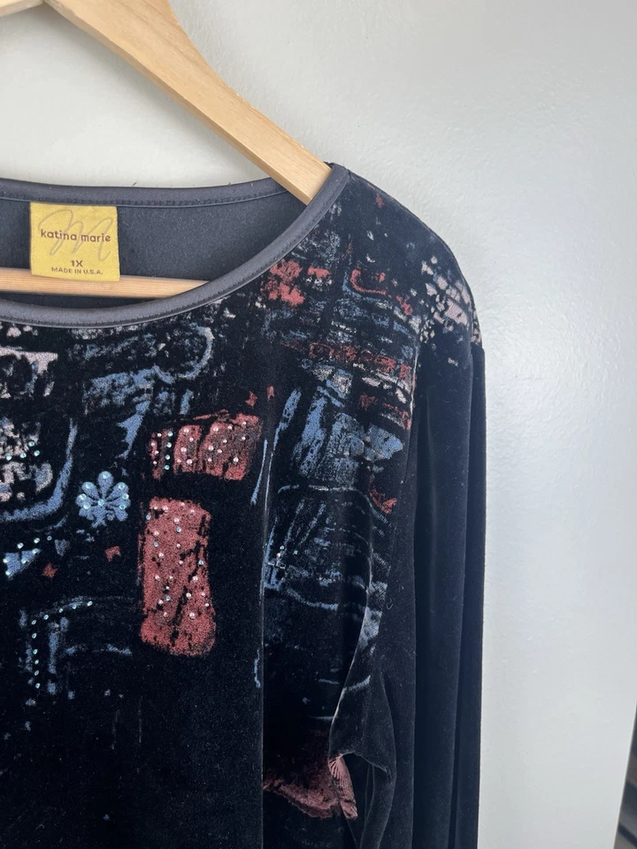 Katina Marie Women’s Vtg Black Velvet Long Sleeve Top Abstract Floral Sz XL USA - Image 3 of 4