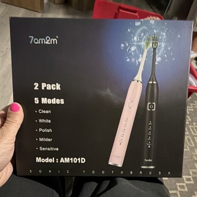 7am2m Sonic Electric Toothbrush 2 Pack Black & Pink AM101D Rechargeable Timer
