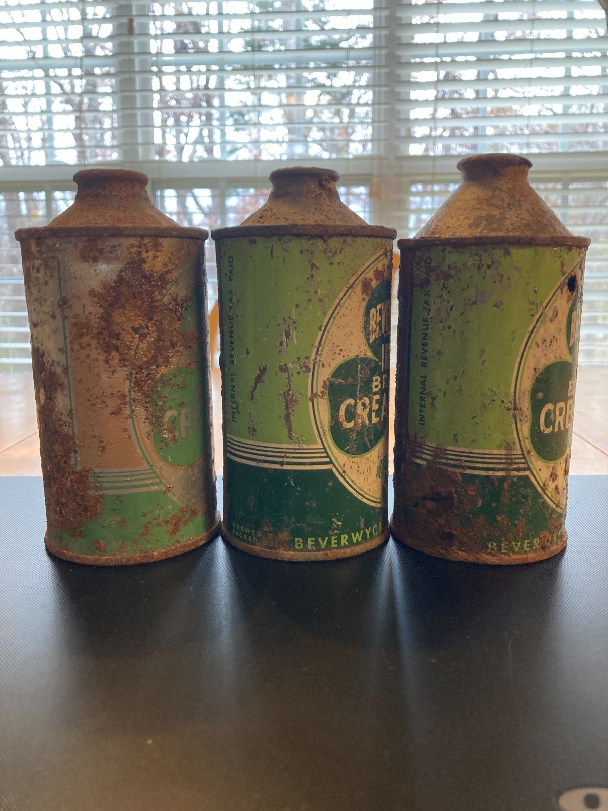 (3) Beverwyck Ale, IRTP LP & HP CTs TO, Empty Outdoor Cans, Holes, Fading, Dent