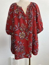 Nine West Blouse women 3x burgundy floral linen tunic soft feminine cottage core