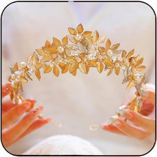 Yean Gold Leaf Wedding Headband Pearl Tiara Hair Band Rhinestone Bridal Hair Acc