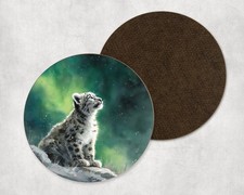 Snow Leopard Cat Cub Northern Lights Watercolour Round Coaster Tea Coffee Gift