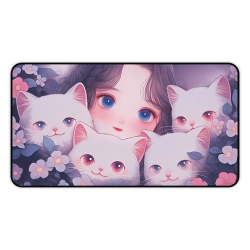 Cute Desk Mat, Kawaii Anime Girl with Cute Cats, Gaming Desk Mat, Desk Accessory - 第 8/17 張圖片
