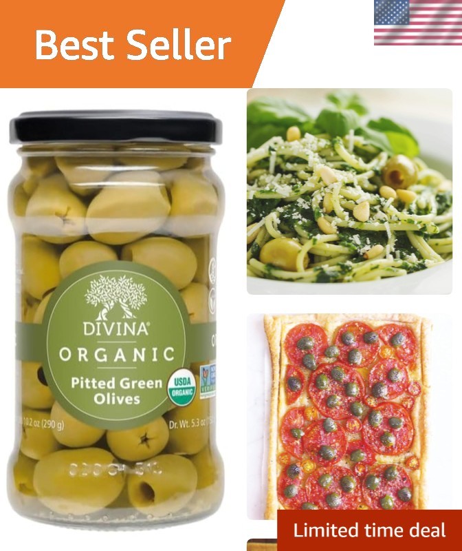 Aceitunas verdes orgánicas sin hueso, 5,3 oz - bocadillo mediterráneo deliciosamente saludable