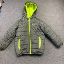 NIKE Kids Jacket Size 4/XS 3-4 Yrs Gray Neon Green Hooded Full Zip Puffer