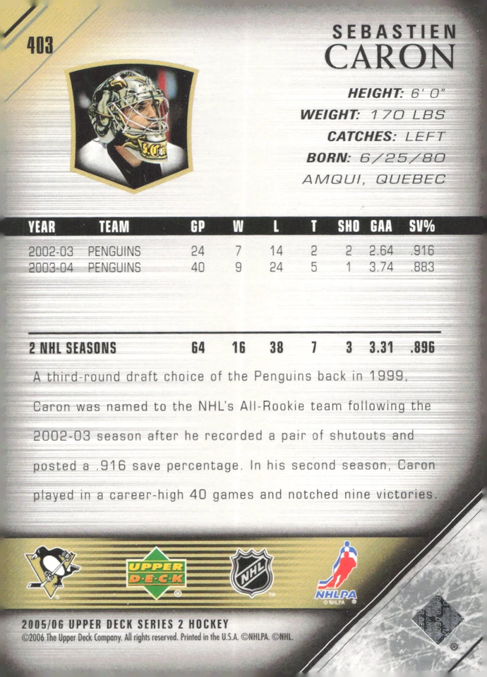 2003-04 Upper Deck - Sebastien Caron #403 Penguins - Image 2 of 2