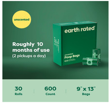 EARTH RATED DOG POOP BAGS REFILL ROLLS, UNSCENTED, 600 COUNT