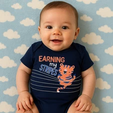 Dot & Zazz Baby Boys "Earning My Stripes" One Piece Tiger Blue Button NB 0-3 Mth