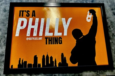   It s A Philly Thing  Framed Painting Canvas. Rocky Holding Up A Philly Pretzel