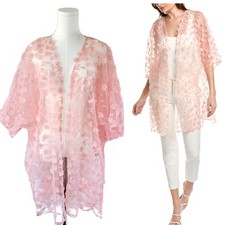 ANNE KLEIN Pink 3D Floral Mesh Kimono Jacket Small/Medium Sheer Open Cardigan
