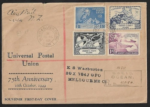 GILBERT & ELLICE ISLANDS TO AUSTRALIA REGD. UPU ANNIVERSARY FIRST DAY COVER 1949