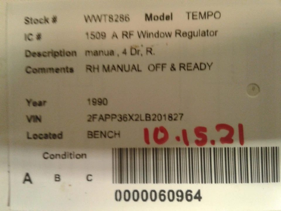 Used Front Right Door Window Regulator Front fits: 1990 Ford Tempo manual 4 Dr F Foto 3 de 4