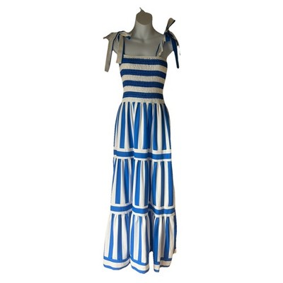 BNWT Italy Moda Womens Blue White Striped Tiered Smocked Maxi Dress Tie Strap