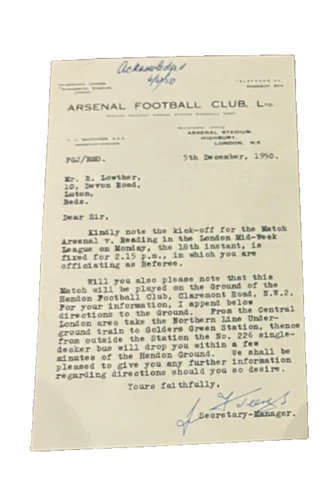 Original Arsenal FC Signed  Letter  - Dated 5/12/1950
