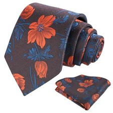 Mens 3.35inches Large Floral Pattern Necktie and Printed 159-blue burnt Orange