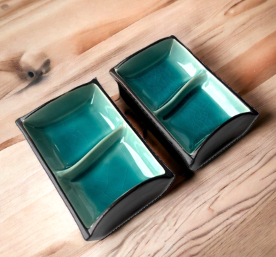 Japanese Pottery Crackle Glaze Sushi Sauce Dipping Dish Set x2 Turquoise  Minimal - Main Image