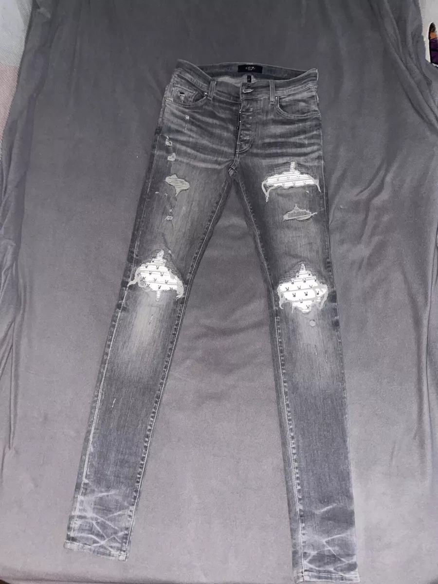 PLAYBOY MIKE AMIRI MX1 100% WHITE LEATHER GRAY DENIM JEANS SIZE 29 W TAGS.
