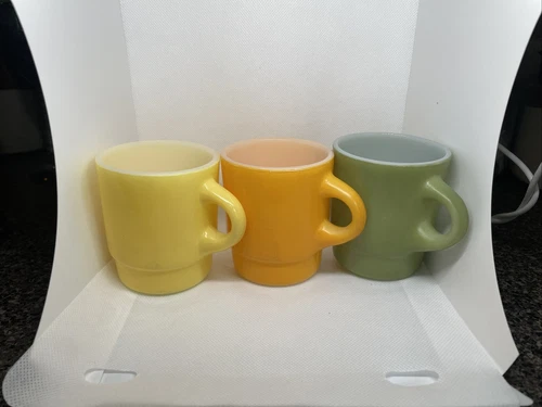 3 Vintage Anchor Hocking Fire King Stacking Coffee Mugs Yellow/Green/Orange