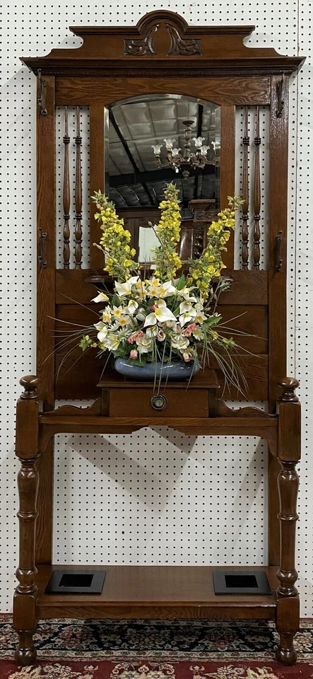 Antigo Hall de Entrada Árvore Quarto Carvalho Serrado Espelho Chanfrado por volta de 1890 Todo Original - Imagem 3 de 4