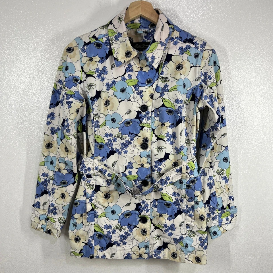 De colección. Gabardina Eddie Bauer Estampado Floral Cinturón Primavera Chaqueta Azul Blanco Pequeña Foto 2 de 4
