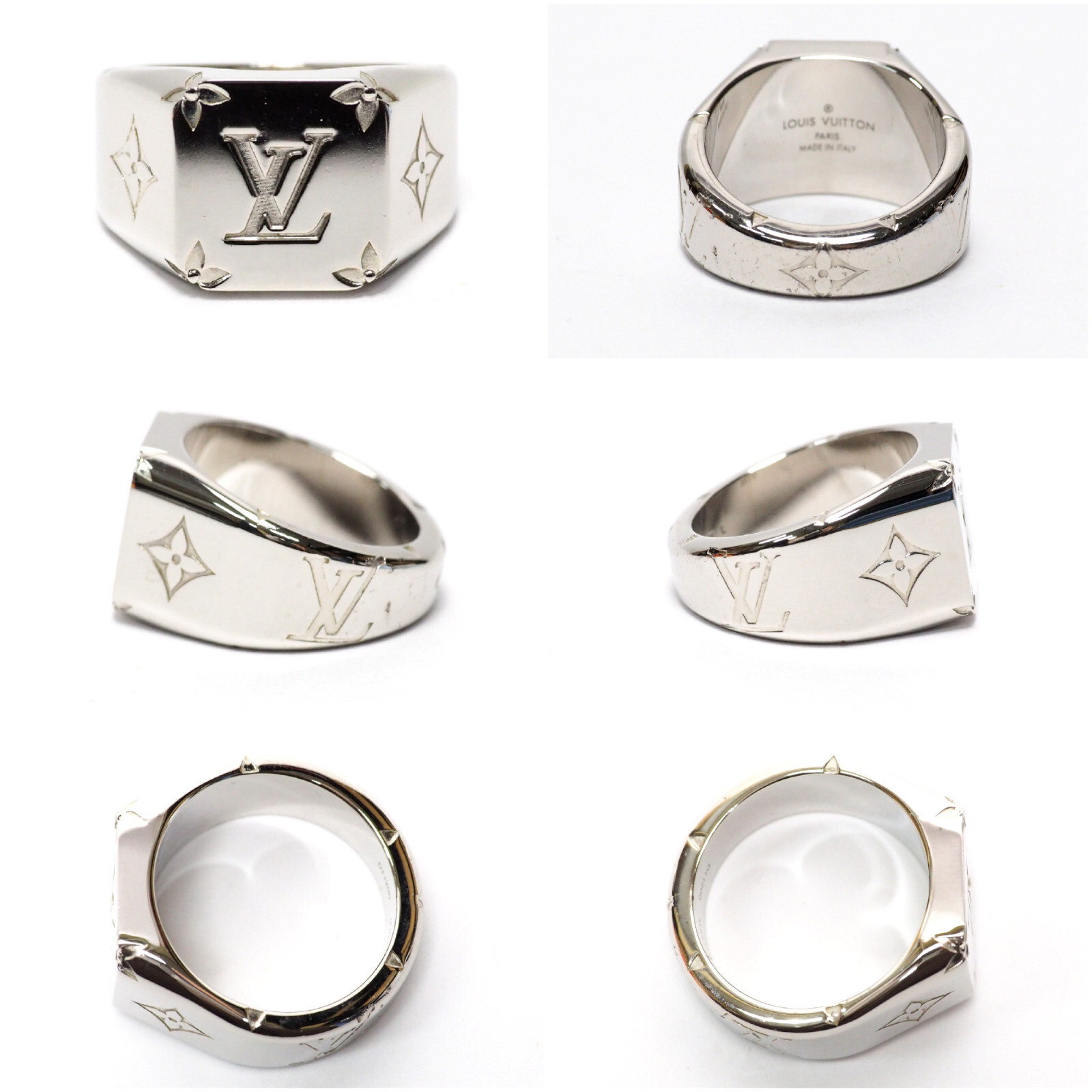 Louis Vuitton Monogram Signet Ring Palladium Metal. Size M