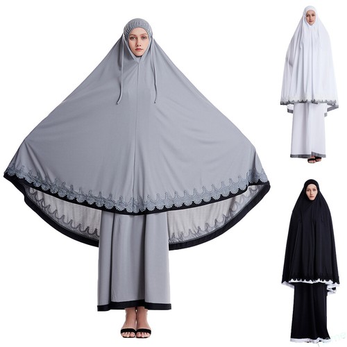 2pcs Women Prayer Dress Abaya Hijab Khimar Skirt Kaftan Dress Muslim Overhead - Picture 3 of 53