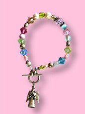 Crystal Sterling Silver Freshwater Pearl Beaded Bracelet W Praying Angel 7 1/2  