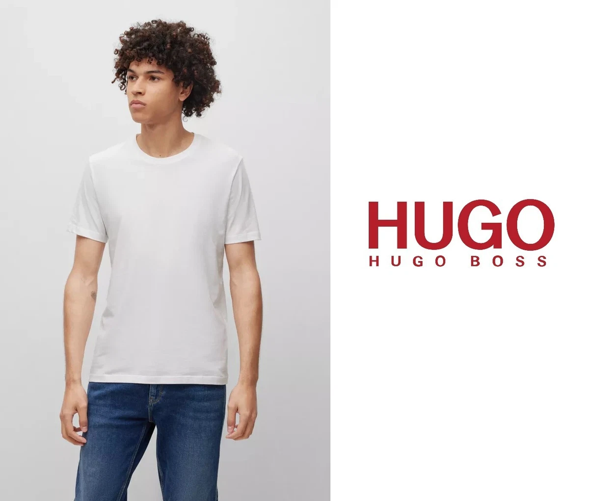 New HUGO BOSS men white crew round neck cotton jeans suit stretch