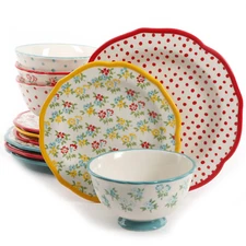 Timeless Floral & Retro Dot 12-Piece Dinnerware Set