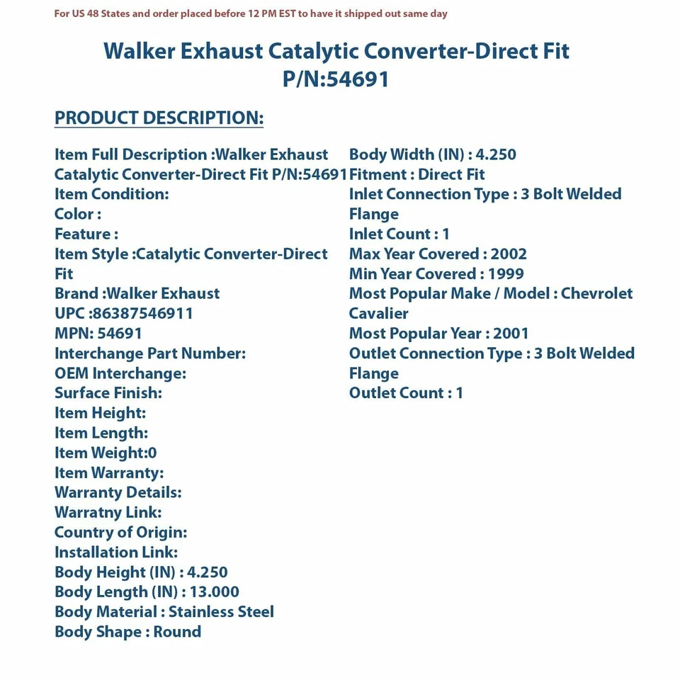 Convertidor catalítico de escape Walker - ajuste directo 54691 Foto 4 de 4