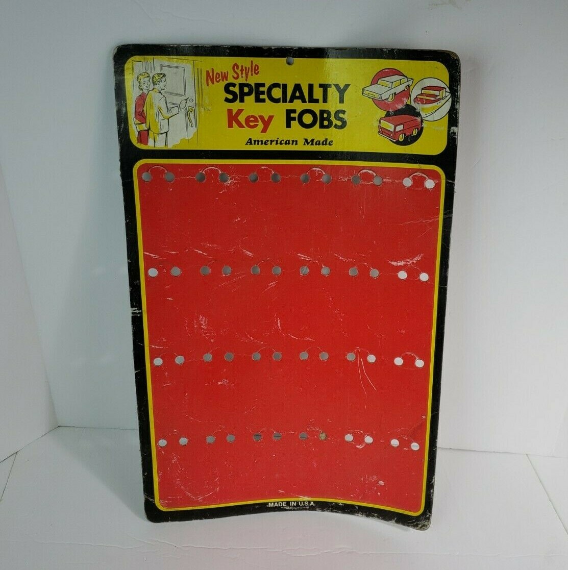Vintage 80's Specialty Key Fobs Signs Keychains Store Display Empty Red