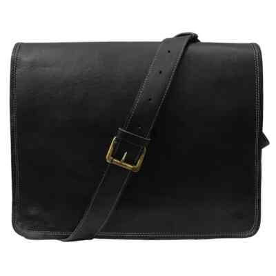 Genuine Men's Messenger Crossbody Satchel Laptop Black Goat Leather Bag