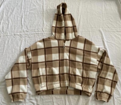 Hollister Women's Brown Plaid Hooded Crop Jacket Size Medium