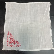 Vintage Handkerchief Delicate Voile w/Red Heart Embroidery/Lace Trim 10"