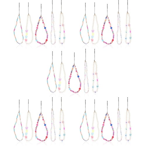 Set of 5 Mobile Phone Lanyard Pearl Chain Charm Wristlet Wristband - Zdjęcie 10 z 12