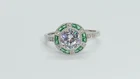 Ladies Art Deco Halo Design Sterling Silver Sapphire & Green Emerald Ring Size S