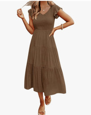 NEW Flutter Sleeve Smocked Midi Dress V Neck Tiered Dress w/ Pockets S