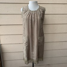 Anna Sui Crochet Sleeveless Shift Dress Taupe Short Cocktail Party Fringe 4