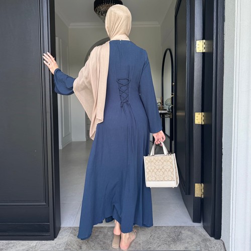 Muslim Dubai Bandage Waist Robe Abaya Long Sleeve Ramadan Women Maxi Dress - Picture 11 of 34