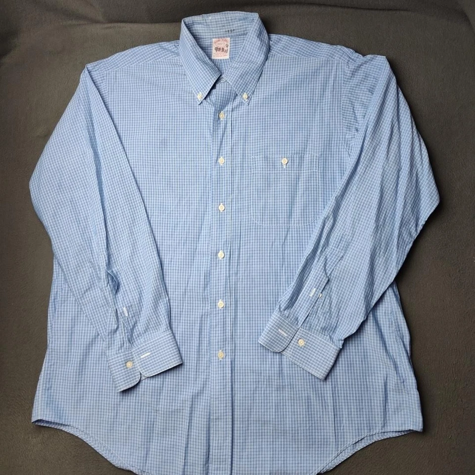 Brooks Brothers Shirt Mens 16.5 Blue Check Plaid Button Down Collar Made in USA - Image 2 of 4