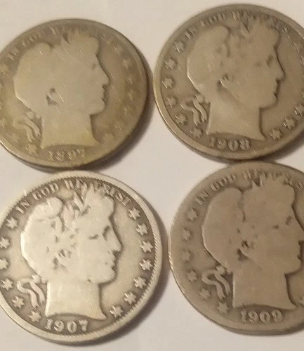 1897 & 1907 & 1908-D & 1909-O Barber Silver Half Dollars 90% Silver Lot of 4