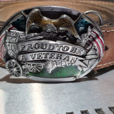 Proud To Be Veteran Oval Eagle USA Flag Patriotic Western Belt And Buckle Sz 38