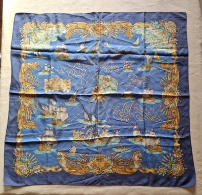 Hermès Voiles de Lumière 1572 Seidentuch Joachim Metz Carré 90 Blau Gold Frankreich