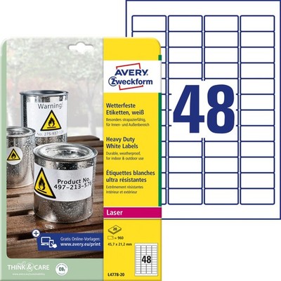 AVERY Zweckform L4778-20 Weatherproof Film Labels (960 Adhesive Labels, 45.7 x 2