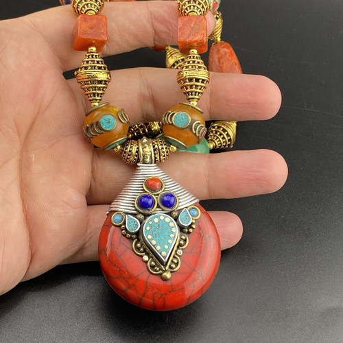 Multicolour Drop Shape Pendant Tibetan Traditional Ethnic Style Beaded Necklace - Picture 5 of 7