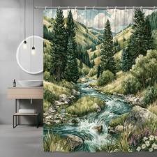 Mountain River Forest Landscape Shower Curtain Scenic Nature Print