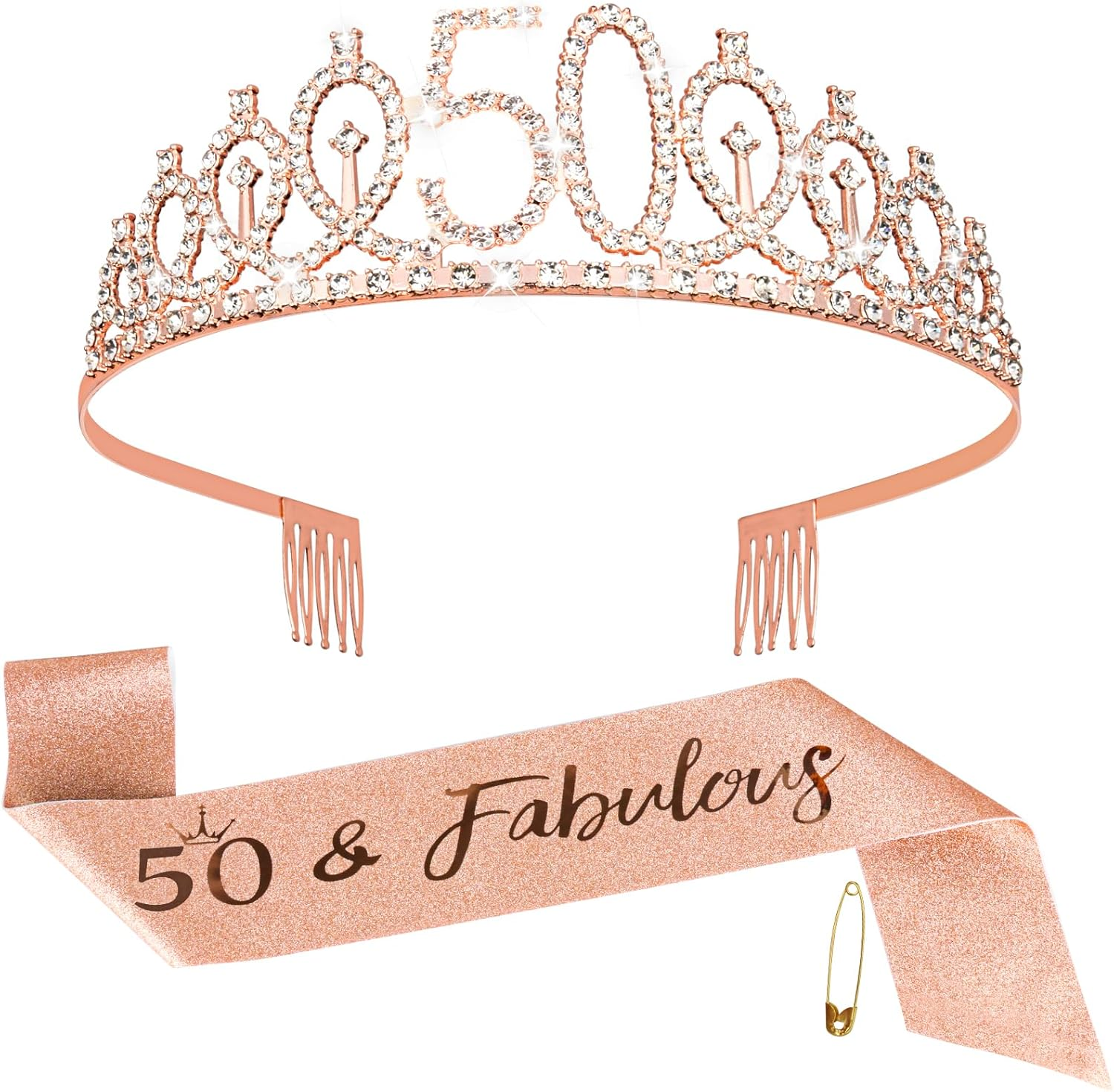 50Th Birthday Sash Tiara - Rose Gold Birthday Queen Tiara and Sash for Women, Rh
