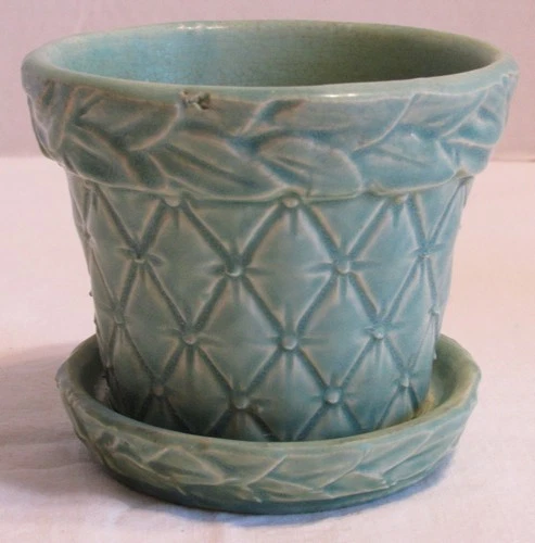 Vintage Green Teal McCoy Flower Pot Diamond Quilt 3 1/2” Tall Attached Saucer